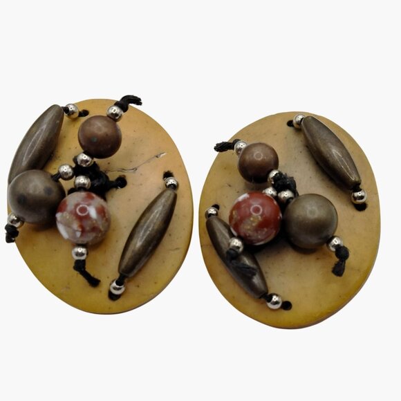 Rustic Artisan Beaded Leather Earrings Large Statement Boho Western Pierced Post - Picture 1 of 5